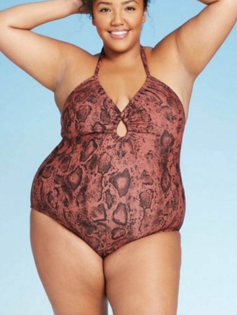 Kona Sol Nwt One Piece Swimsuit Snake Skin Print Brown Black Halter Keyhole 24W